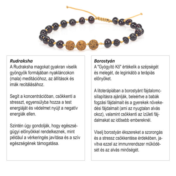 Infografika a borostyán és rudraksha előnyeiről.
